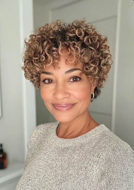 Curly Pixie with Honey Highlights
