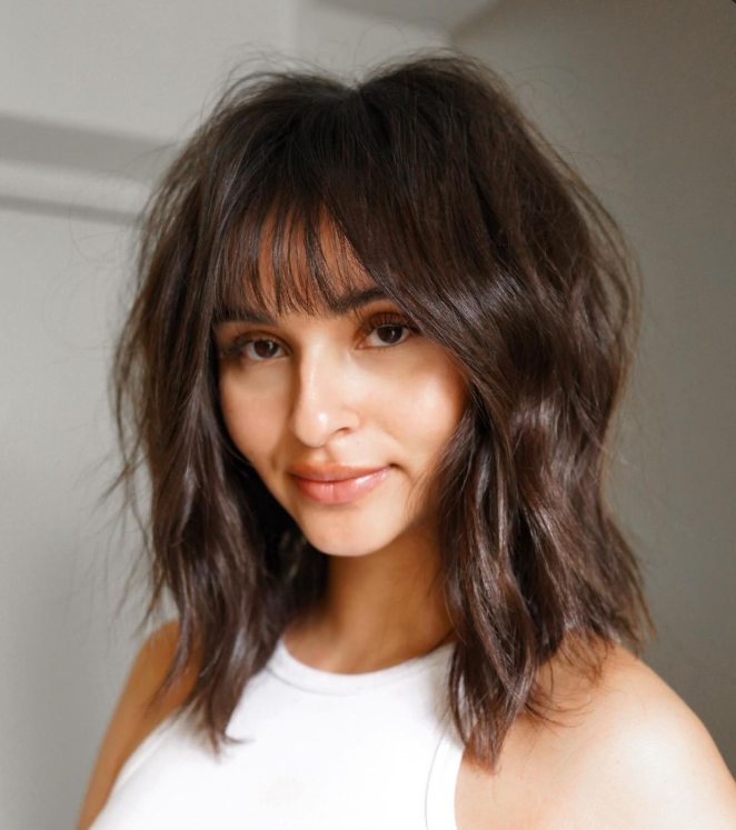 Long Shaggy Lob with Wispy Curtain Bangs