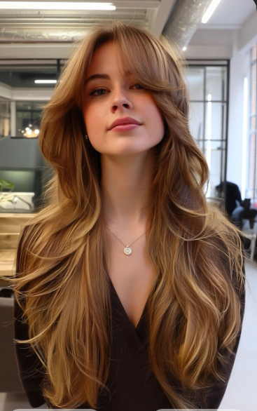 Long Layered Haircut with Curtain Bangs