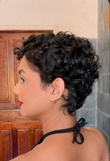 Tapered Curly Pixie with Baby Bangs